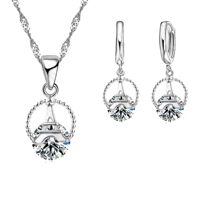 Ensemble collier/boucles d'oreilles Shinny en argent Sterling 925 CZ, pendentif tour féminin, ensemb