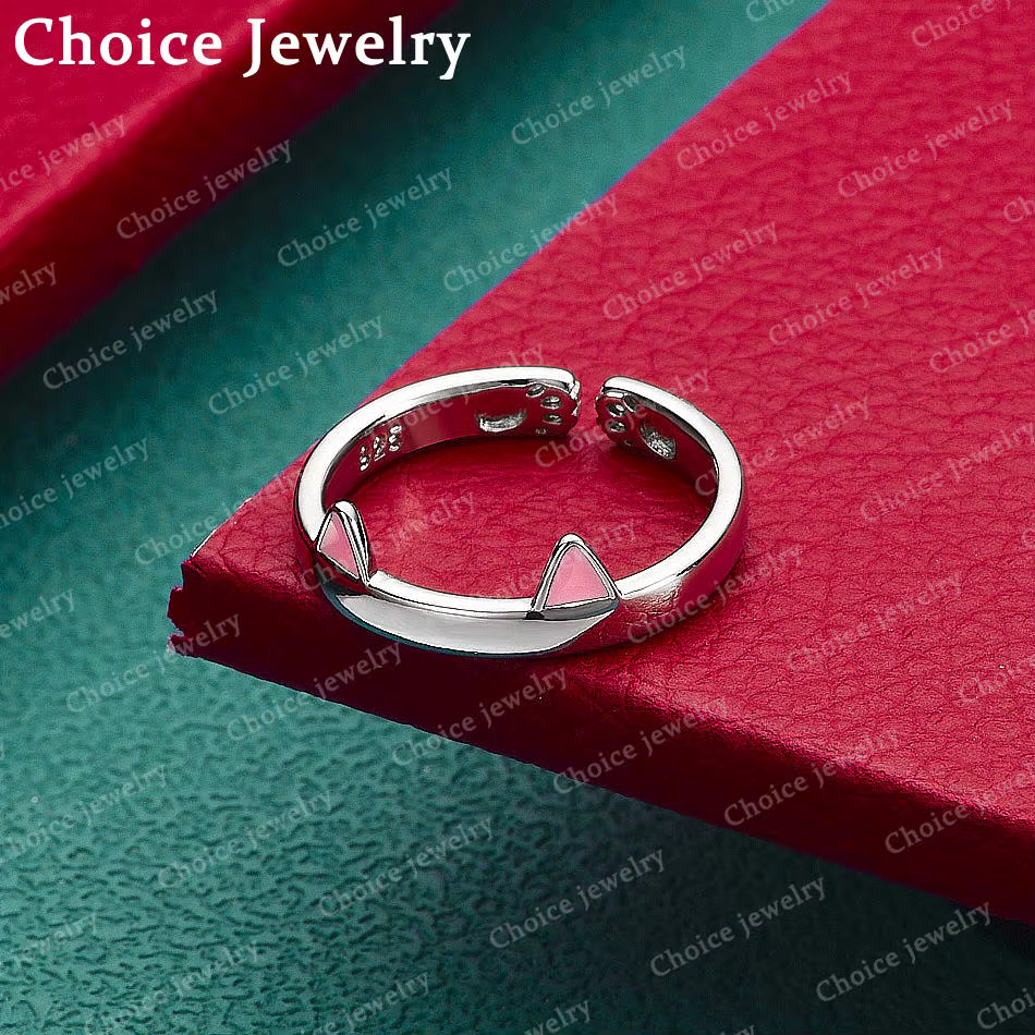 Bague en argent sterling 925 avec oreilles de chat rose mignonnes pour femmes, design ouvert, bijoux