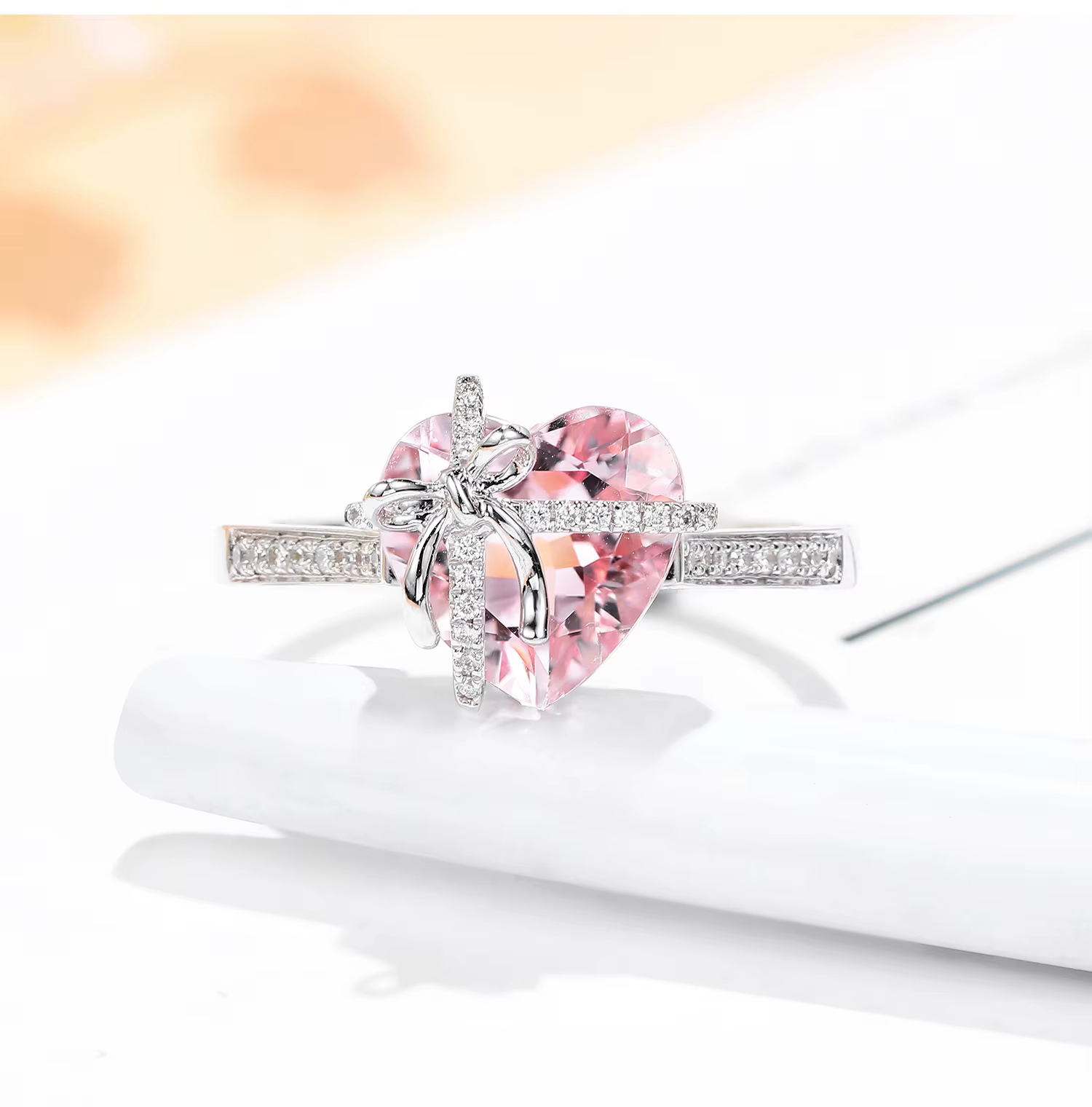 Bague en argent sterling 925 avec cœur en poudre scintillante et diamant à haute teneur en carbone, 