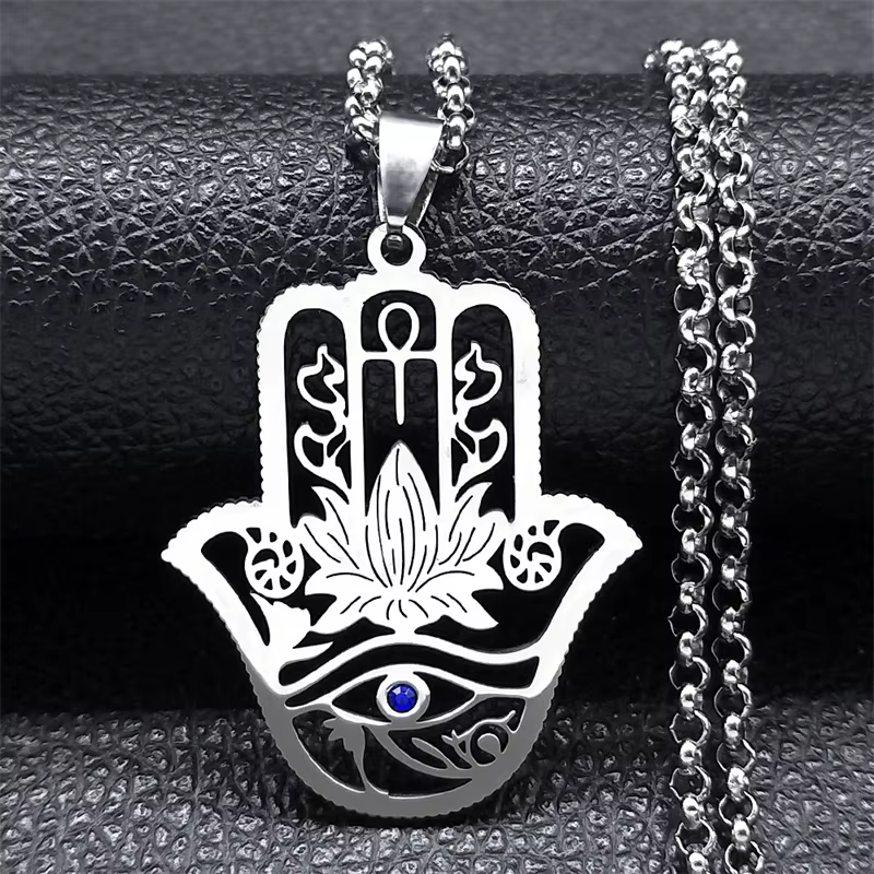 Collier Hamsa Main de Fatima Annie Fleur Oeil d'Horus pour Femme, Acier Inoxydable, Document Argent,