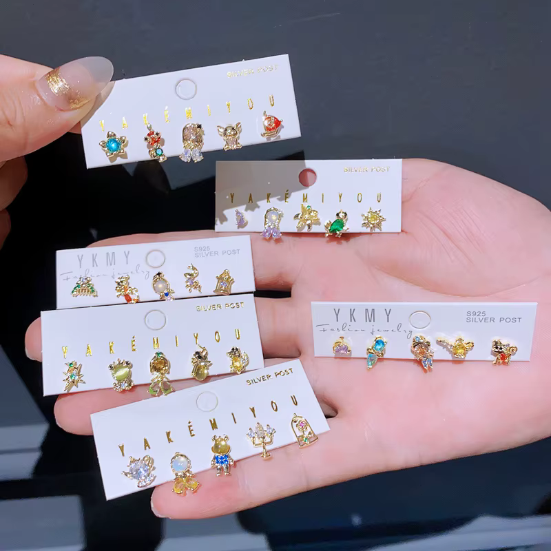 Boucles d'oreilles mixtes en cristal de Zircon coloré, 5 pièces/ensemble, conte de fées, pour femmes