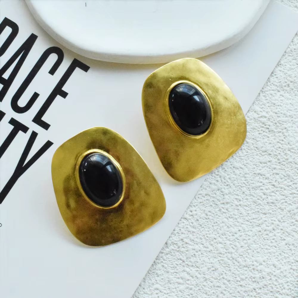 Boucles d'oreilles pendantes géométriques vintage en alliage métallique avec pierre noire pour femme