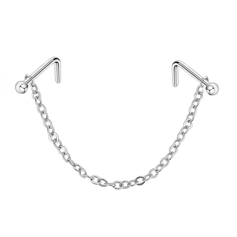 Anneau de nez avec chaîne, Double Piercing, clou de nez en Zircon en forme de L, en acier inoxydable