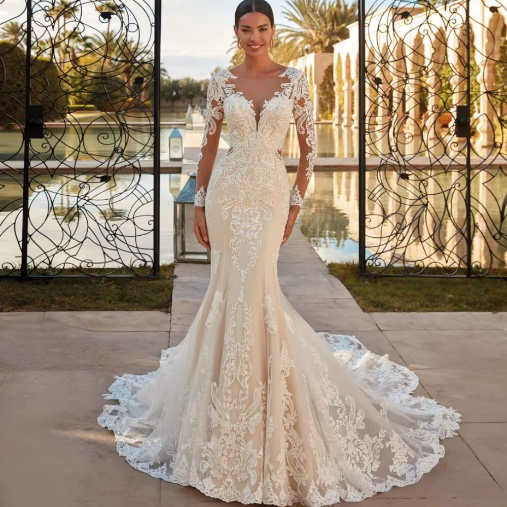Robe de mariée sirène à col rond transparent Boho, appliques en dentelle classique, manches longues,