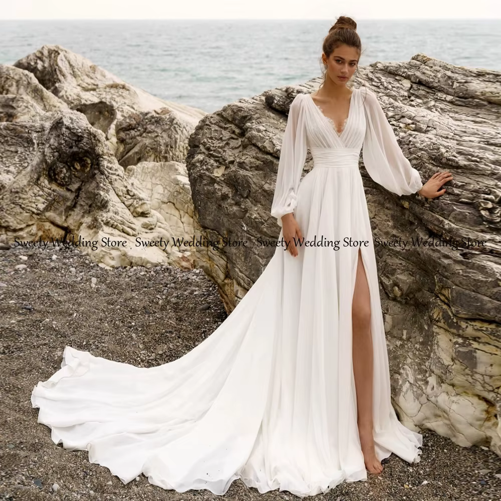 Jiayigong plage robe de mariée pour les femmes personnalisé à manches longues col en V dentelle haut