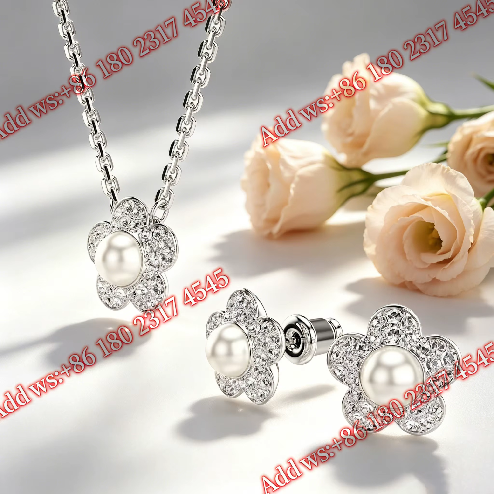 Ensemble de bijoux en argent plaqué or, imitation perle, zircone cubique, collier, boucles d'oreille