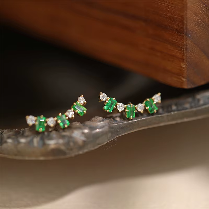 Boucle d'oreille en argent Sterling 925 et Zircon émeraude plaqué or, clou d'oreille de Style Vintag