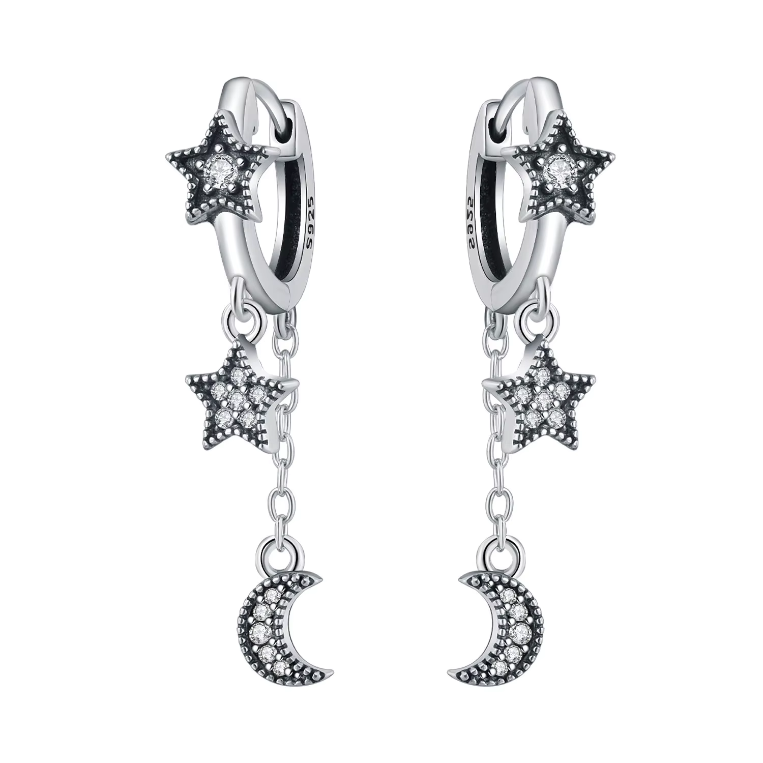 Orstarry Boucles d'oreilles pendantes étoile et lune rétro en argent sterling 925, bijoux originaux,