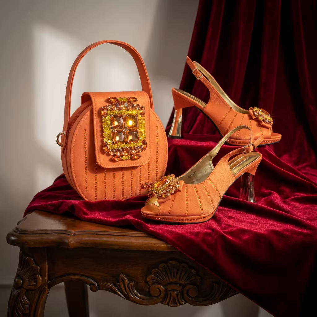 Nouvel ensemble 2026 de sandales à talons hauts marron ornées de strass et de sac pour femme – Éléga