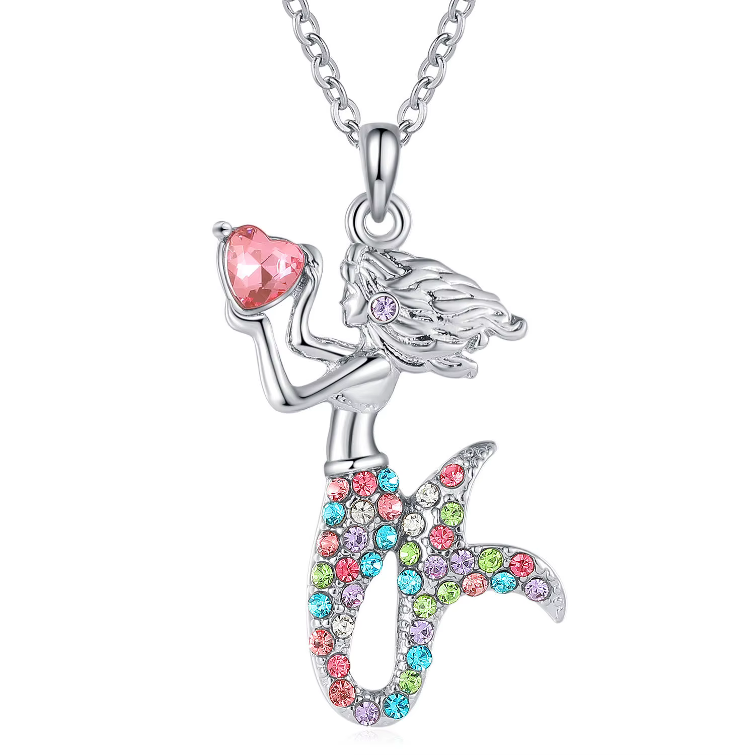 Pendentif sirène en pierre de naissance, bijoux à la mode, plaqué or blanc, collier en cristal autri