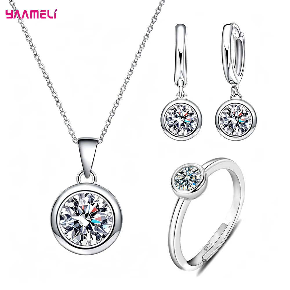 Parure de bijoux élégante en argent sterling 925 véritable avec solitaire rond étincelant en oxyde d