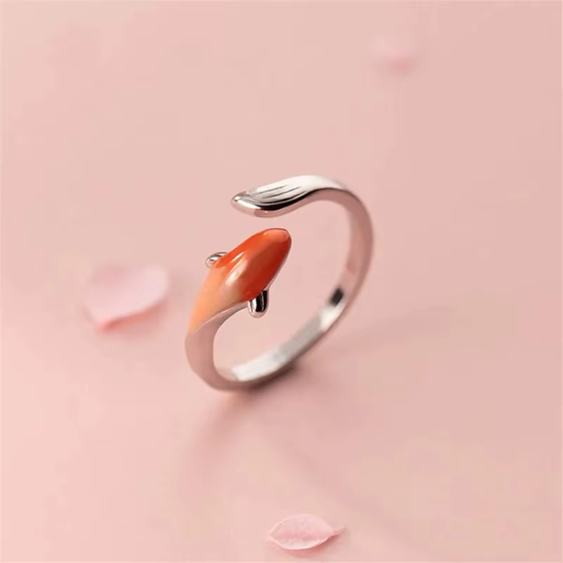 Lucky Koi Fish Annie Flower Ring for Women and Men, Silver Document, Animal Finger Rings, Party Good