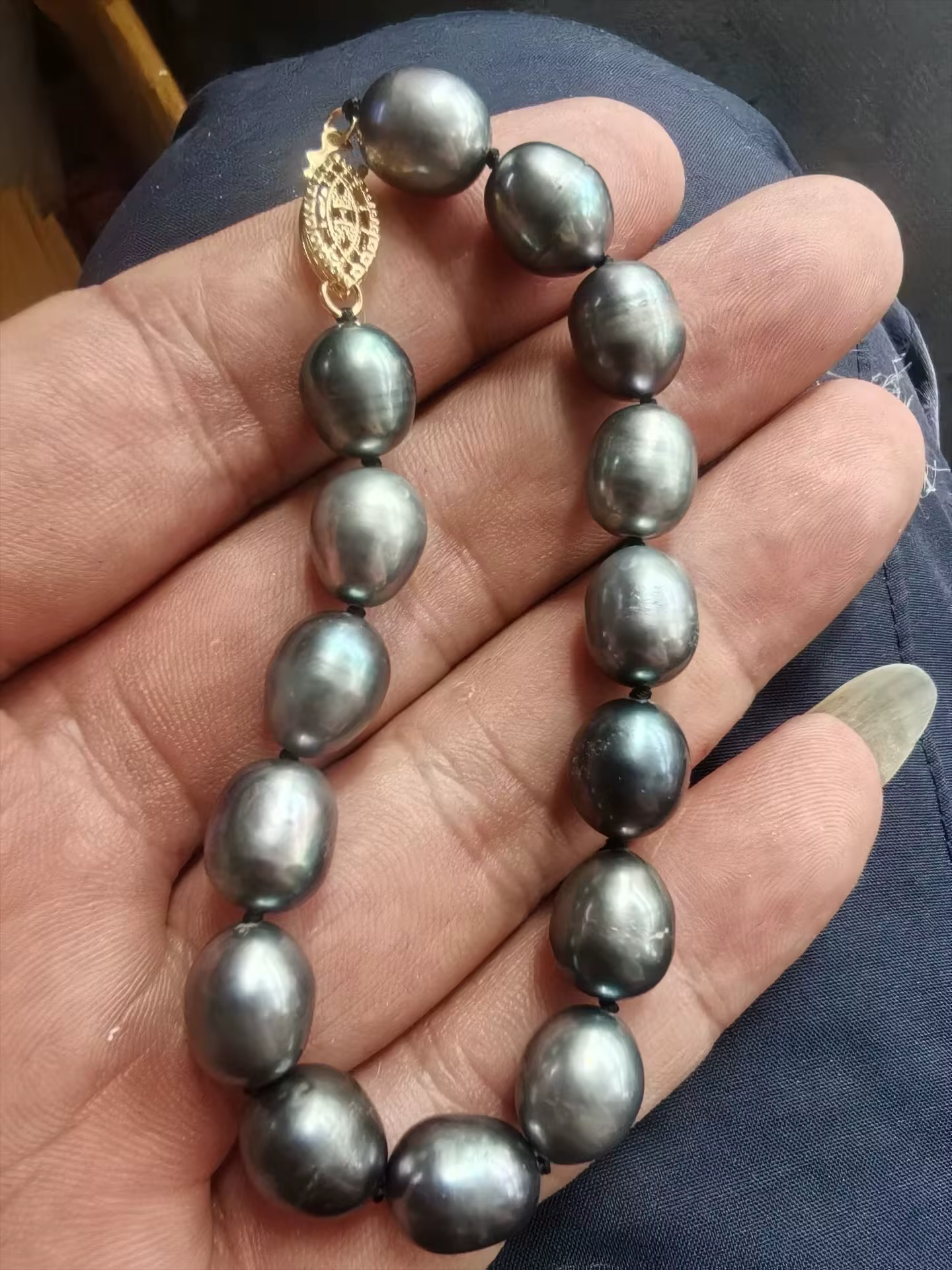 Collier de perles baroques noires paon de Tahiti authentiques, boucle en or 14 carats, 10-11mm, 16 p