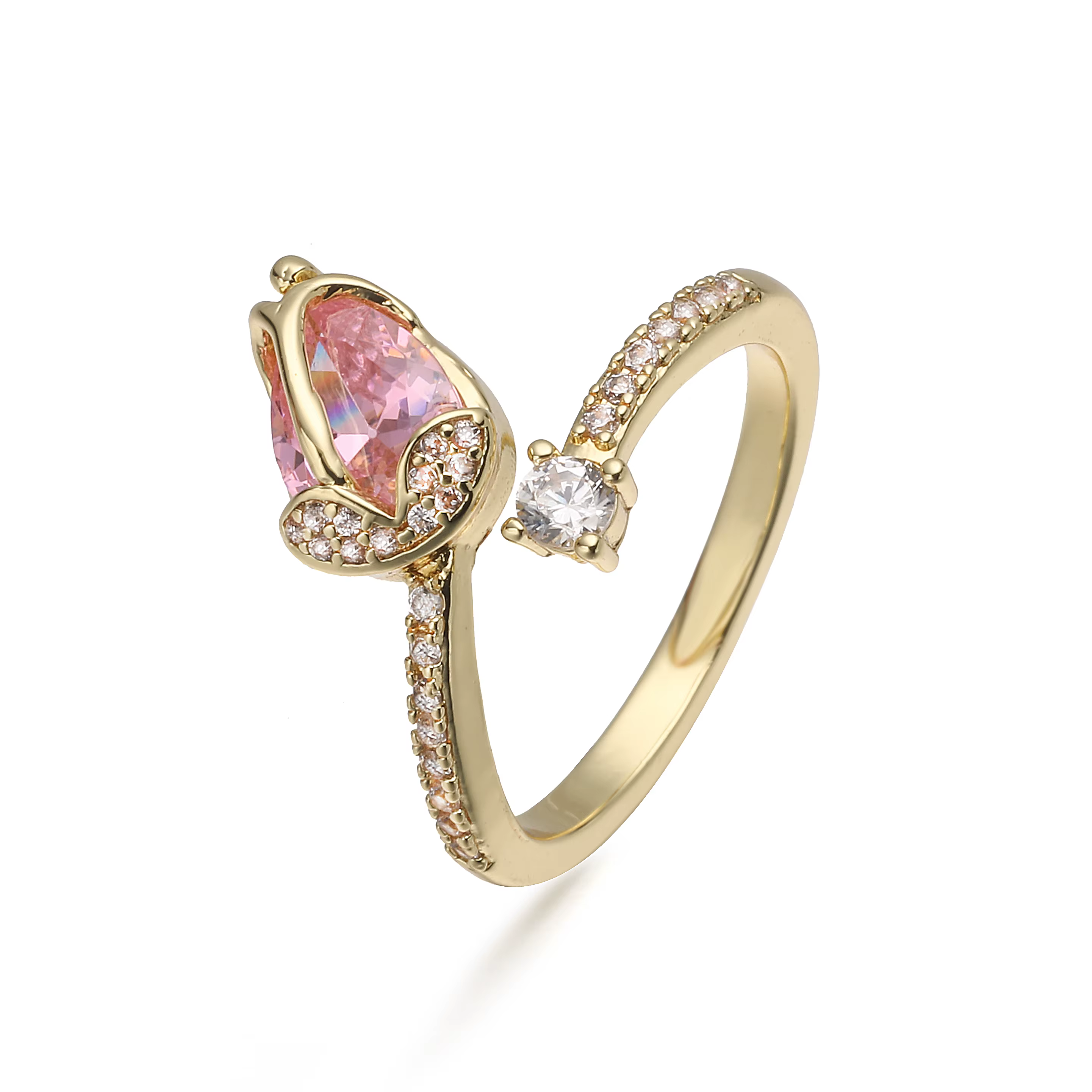 Bague réglable en laiton plaqué or 18 carats avec zircone en forme de fleur de rose serpentine – Bij