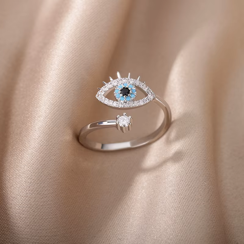 Bagues mauvais œil en Zircon turc pour femmes, anneau ouvert et réglable en acier inoxydable plaqué 