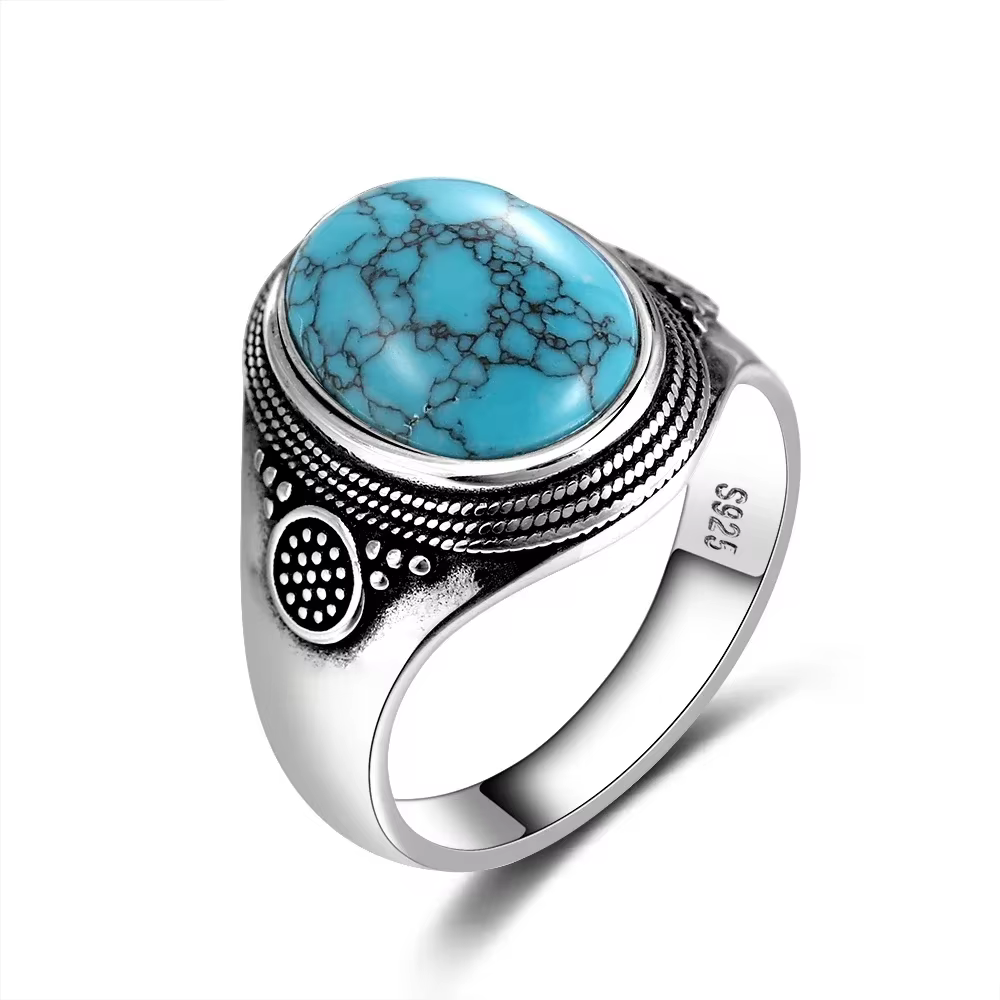 Bagues ovales Turquoise naturelles 10x14MM, bague en argent pour hommes et femmes, bijoux fins de lu