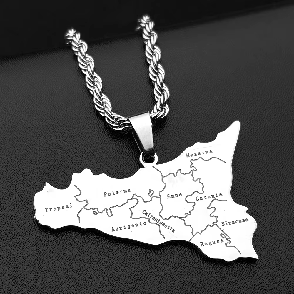 Collier pendentif carte de la Sicile pour hommes et femmes, en acier inoxydable couleur or et argent