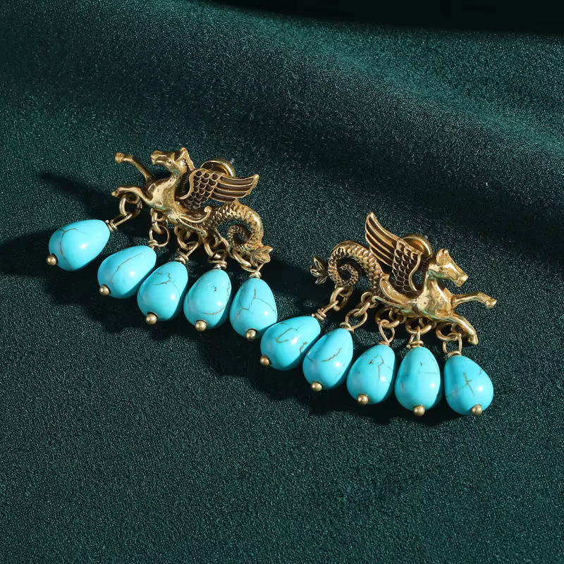Bijoux Vintage de luxe de styliste, couleur or, cheval volant bleu, boucles d'oreilles pendantes en 