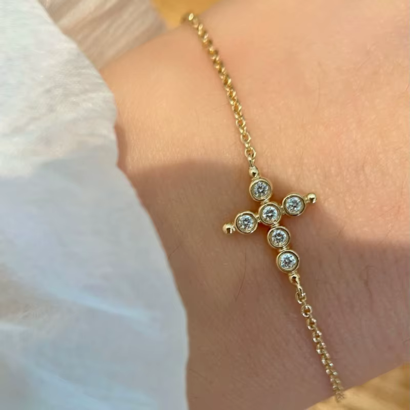 Bracelet à breloque croix en argent sterling 925 plaqué or 18 carats, zircone cubique AAAAA, bijou d