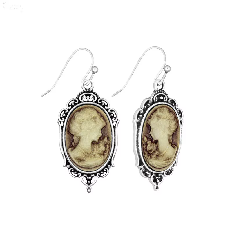 Boucles d'oreilles camée vintage pour femme, bijoux fantaisie, plaqué argent antique, pendentif Vict