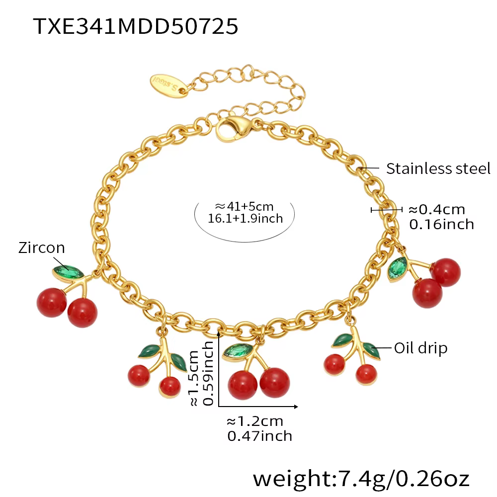 Liora – colliers et Bracelets avec pendentif en forme de goutte de cerise pour femmes, en émail roug