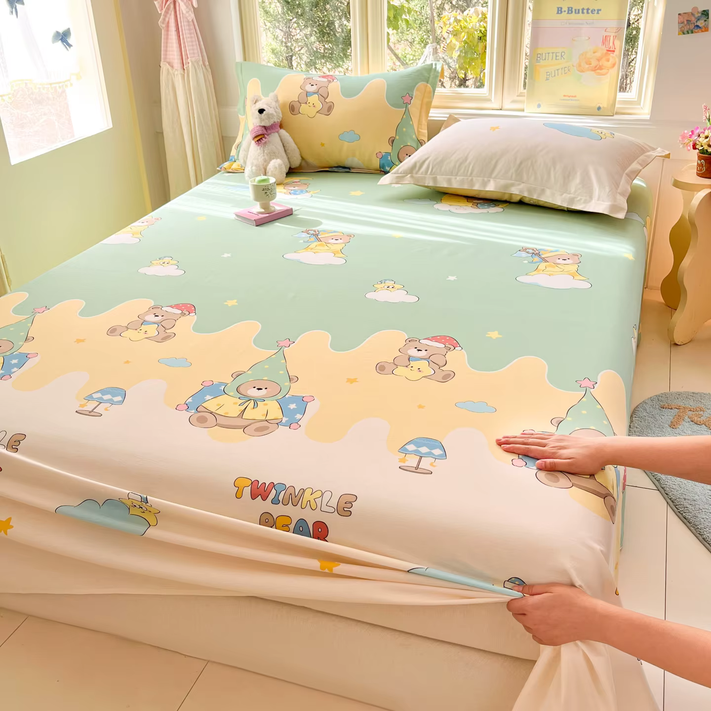 Drap de lit rayé jaune et bleu moderne 100% coton, draps plats doux et confortables, draps de lit si