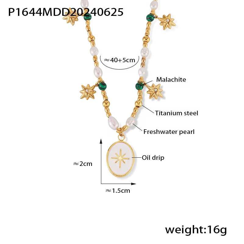 Palace-Collier de Luxe Plaqué Or avec Pendentif Rayons pour Femme, Perle Verte, Chaîne de Charbon, B