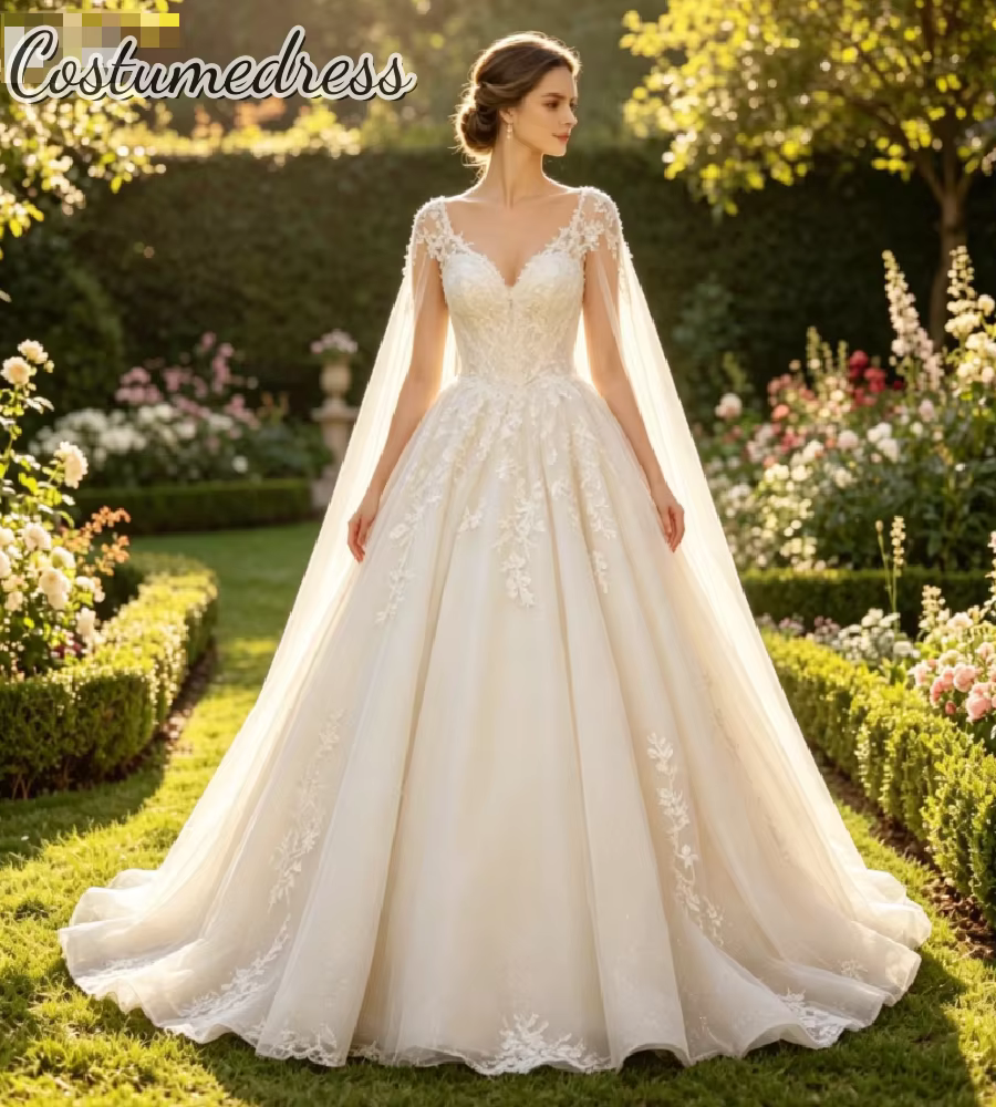 Robe de mariée princesse en tulle scintillant, coupe bal, avec manches cape, dentelle et appliques f