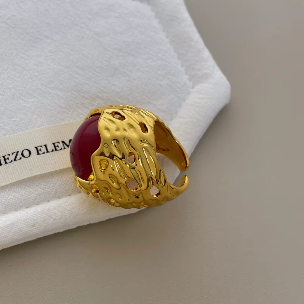 Minar – bague de cocktail irrégulière en résine bordeaux, ajourée, géométrique, ouverte et réglable 