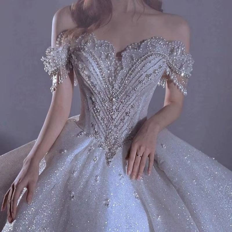 Robe de mariée française asymétrique épaule dénudée, ciel étoilé, sans manches, perlée, pour femmes 