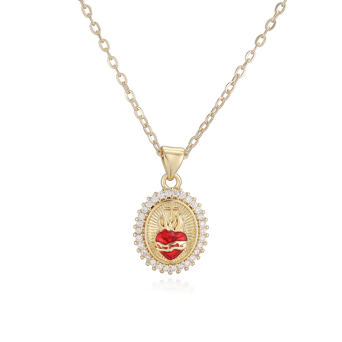 Collier en laiton Cœur Sacré avec cristal rouge, croix plaquée or et pendentif ovale en zircon, bijo