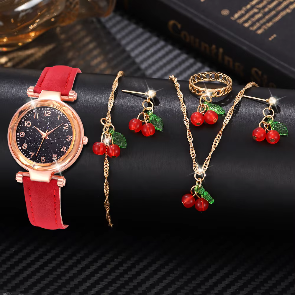 Montre pour femme rouge avec éléments minimalistes, cadran à quartz, bracelet en latex, éléments cer