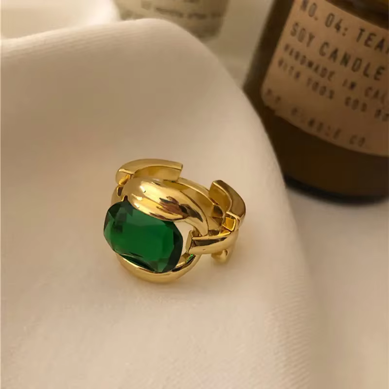 Bague couleur argent, nouveau Design Simple, pierre verte, or, ouverture rétro, faite à la main, bij