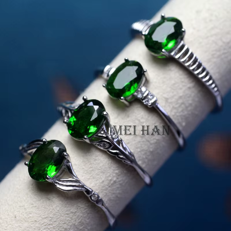 Meihan-Bague ajustable en argent 925, diopside vert naturel, coupe de pierres précieuses pour cadeau