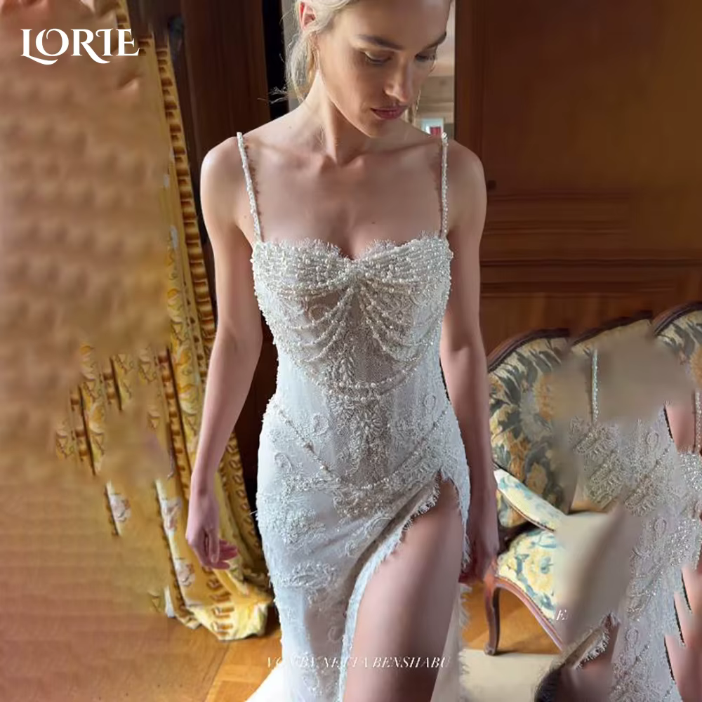 LORIE Vintage dentelle sirène robes de mariée Sexy fente bretelles Spaghetti brillant robe de mariée