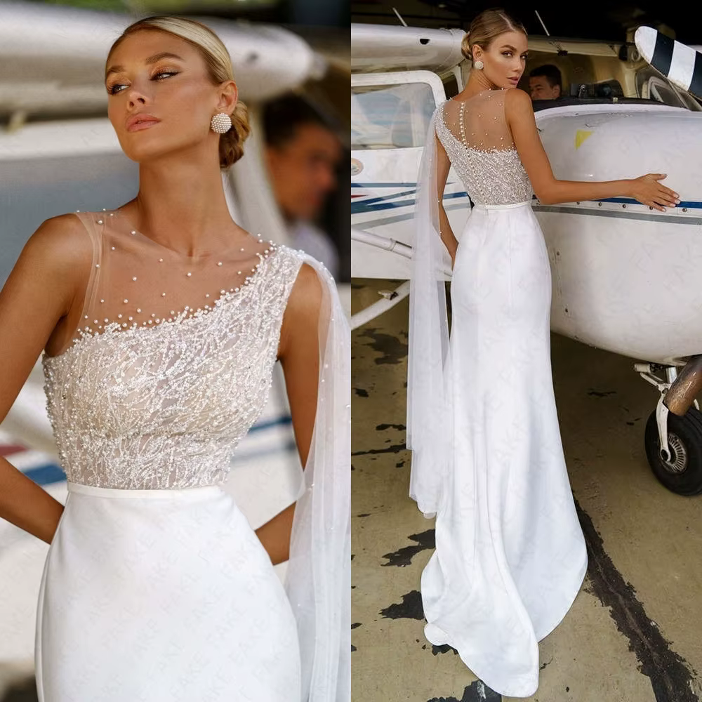 Robe De mariée en Jersey blanc délicat, personnalisée, élégante, gracieuse, col ras du cou, sans man