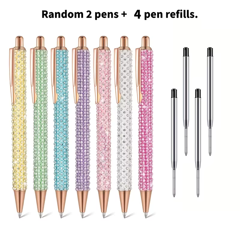 Ensemble de 6 stylos en strass de cristal, 2 stylos en métal + 4 recharges noires, 1,0 mm, cadeau mi