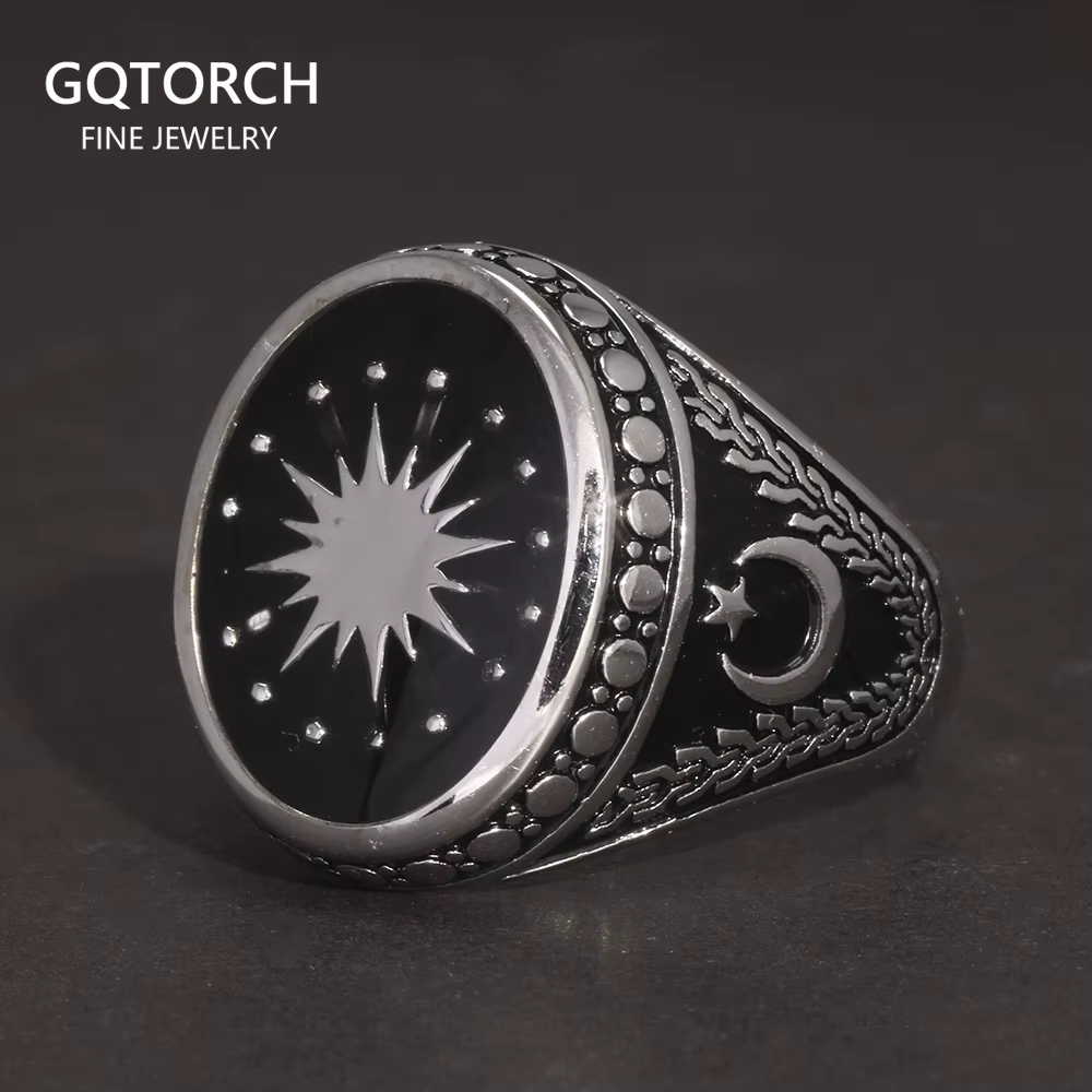 Bagues turques en argent regardé 925 pour hommes, signet musulman, design rétro, étoile, lune, sensa