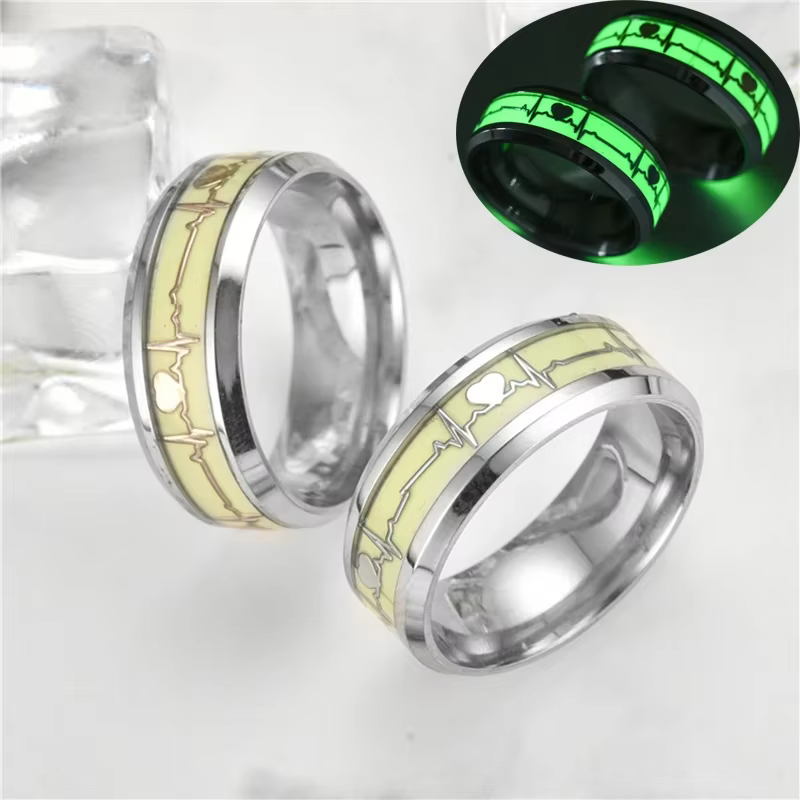 Bague phosphorescente en acier inoxydable pour hommes et femmes, 8mm, graphique de battement de coeu