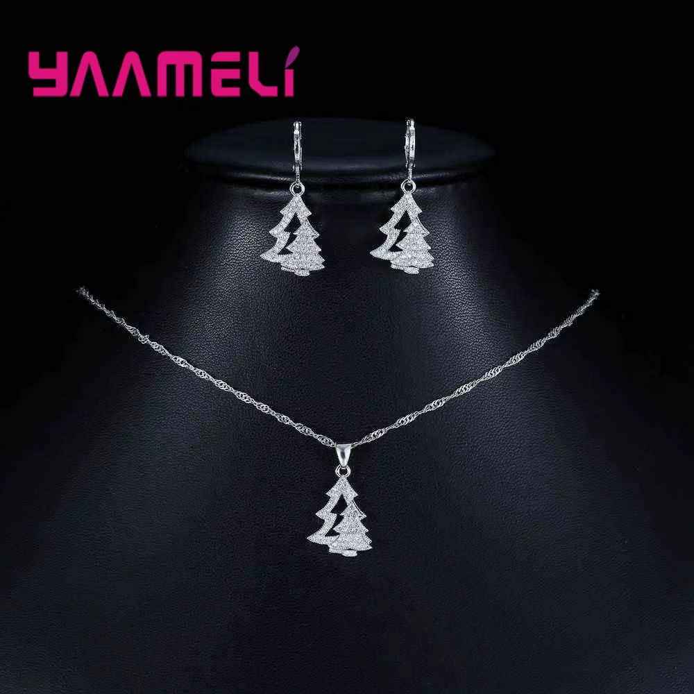 Ensemble de bijoux en argent regardé 925 avec arbre de Noël, collier et boucles d'oreilles, arbres d