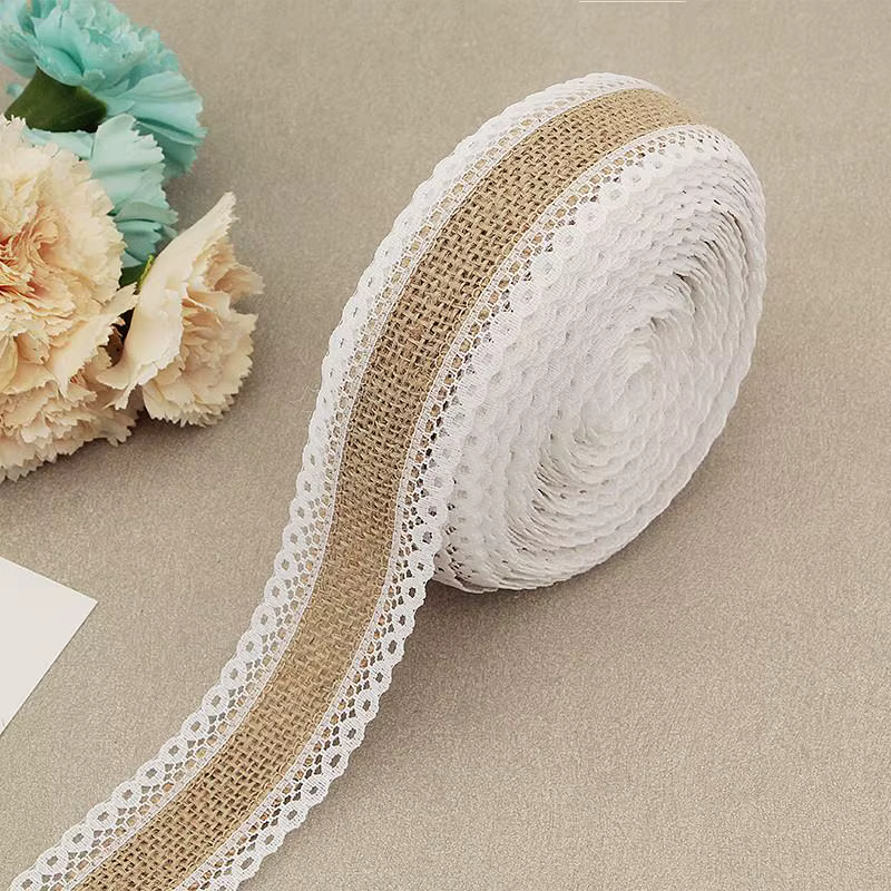 Ruban Hessien en Toile de Jute Naturelle avec Dentelle Blanche, Décoration Rustique de ixde Mariage,