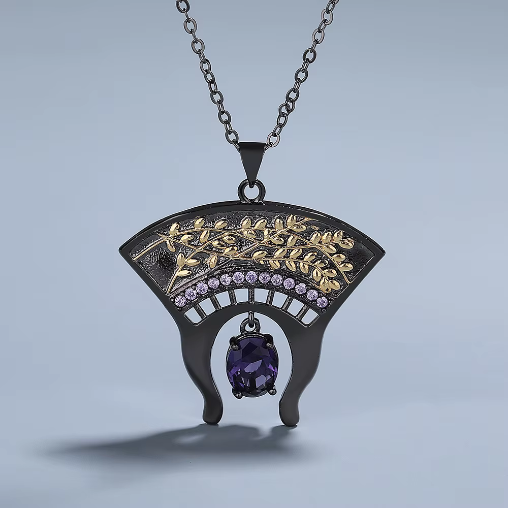Exquis noir or bicolore violet Zircon pendentif collier mode ventilateur Zircon bijoux anniversaire