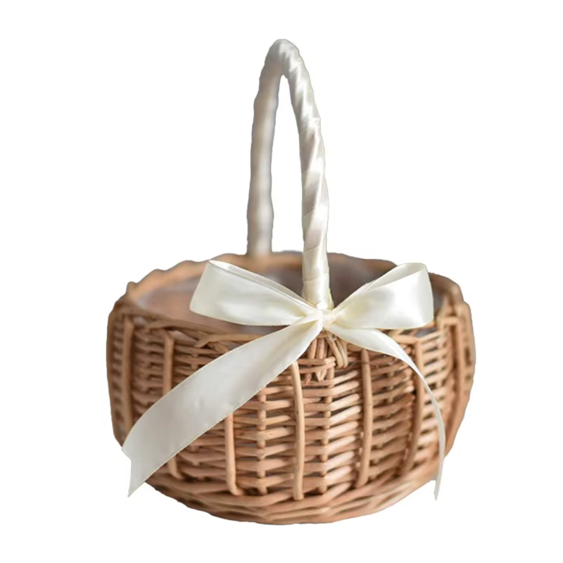Panier en rotin naturel tressé à la main avec décoration en nœud, idéal pour les cadeaux de mariage,