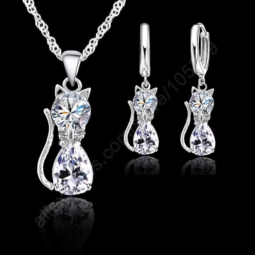 Ensembles de bijoux en argent CZ pour femmes et filles, collier en forme de chat mignon, ensemble de