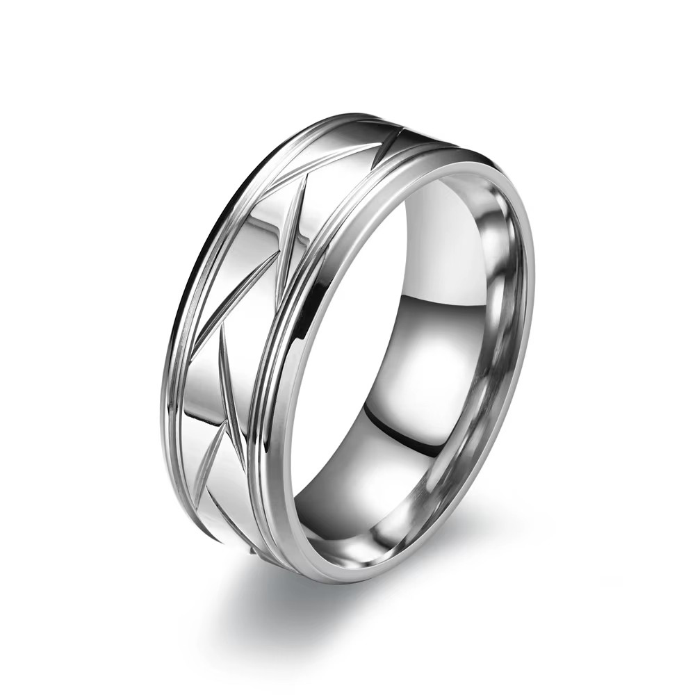 Bague en acier inoxydable noir pour hommes et femmes, couleur argent, rainure multi-facettes, bague 