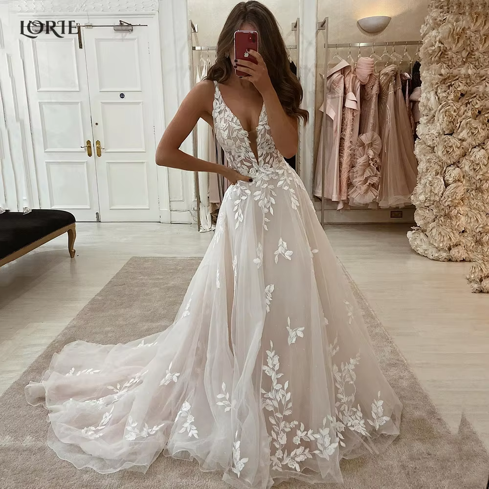 LORIE-Robe de Mariée Élégante en Dentelle Style Boho, Coupe Basse, Col en V, avec des Appliques, Que