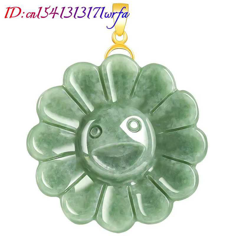 Collier pendentif tournesol en jadéite du Myanmar, bijoux réels, amulette sculptée plaquée or 18 car