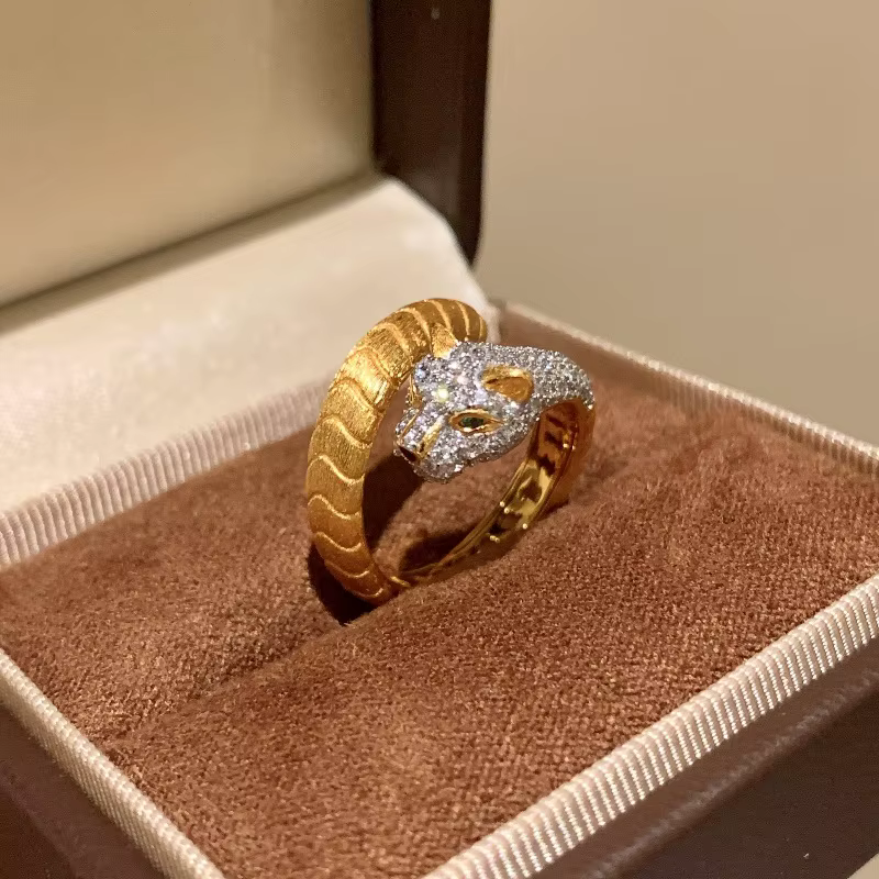 Bagues de luxe légères en diamant brossé pour femmes, haut de gamme, tête de léopard, rétro, luxe, e