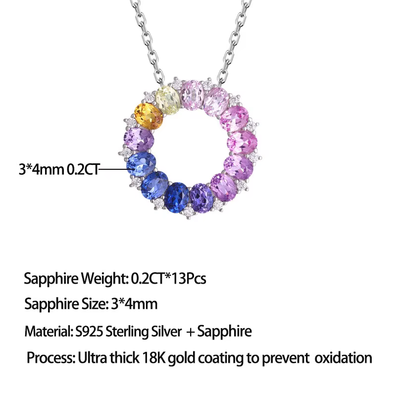 Collier pendentif cercle en argent sterling S925 LinkerLove avec saphirs multicolores arc-en-ciel po