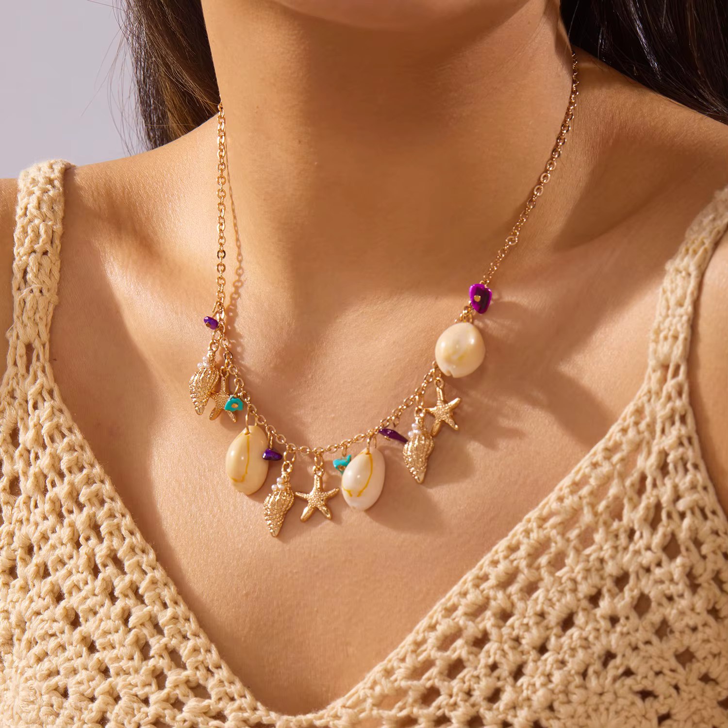 Collier en fragments de coquillages et d'étoiles de mer de la série Ocean pour femmes, style bohème,